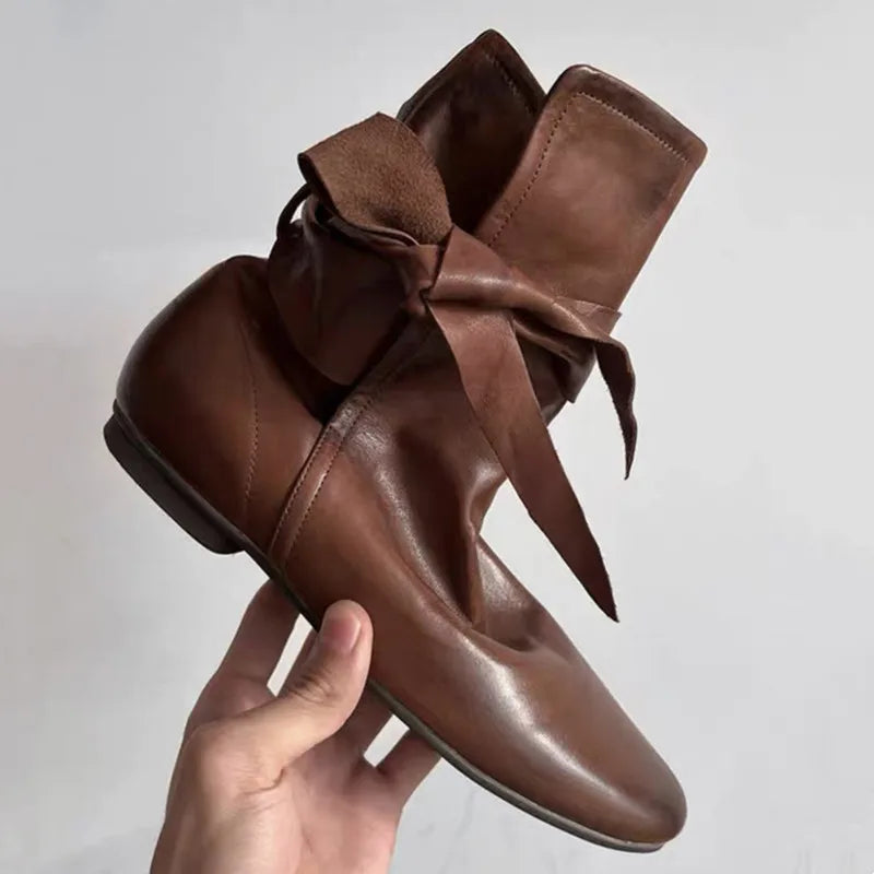 Soft Leather Lace-up Ankle Boots Comfortable Flats Short Booties Bowknot Chelsea Boots Shoes Botas